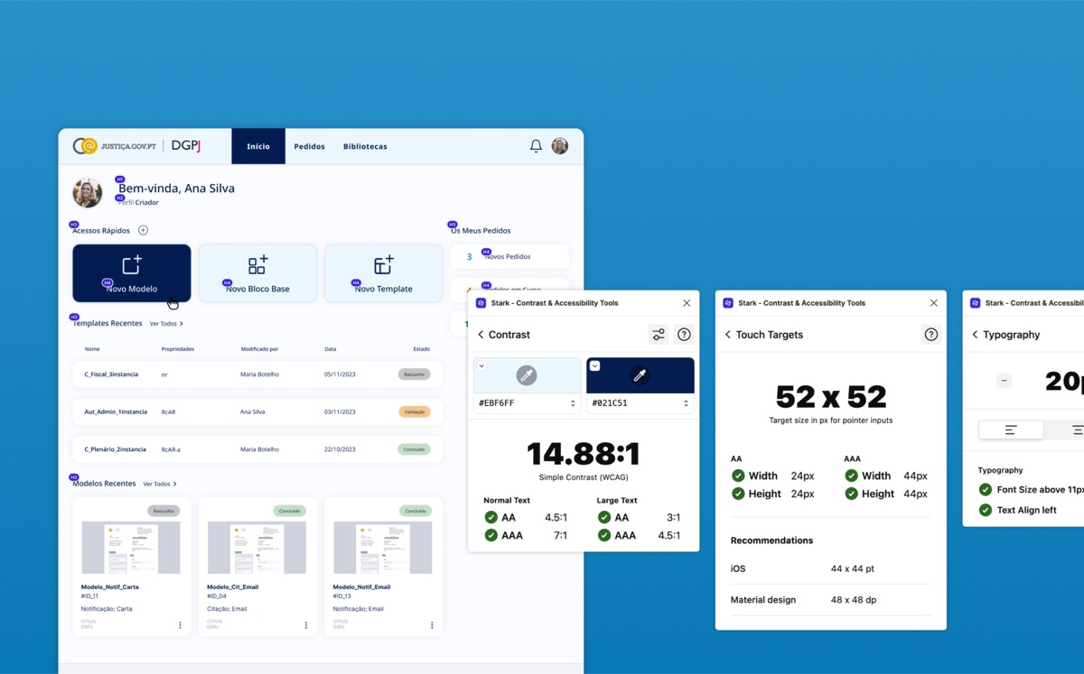 DGPJ platform interface with accessibility testing panels